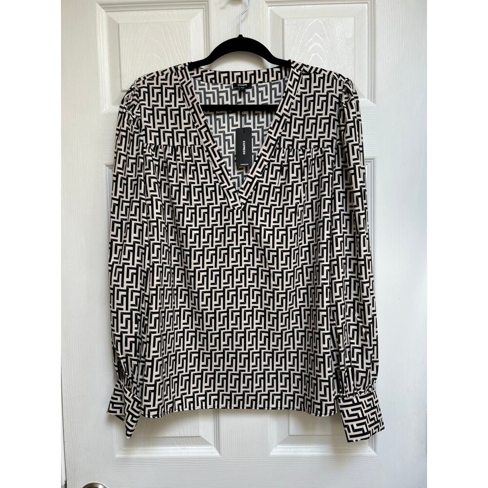 Express Fendi Style Pattern Flowy V-neck Long Sleeve Shirt